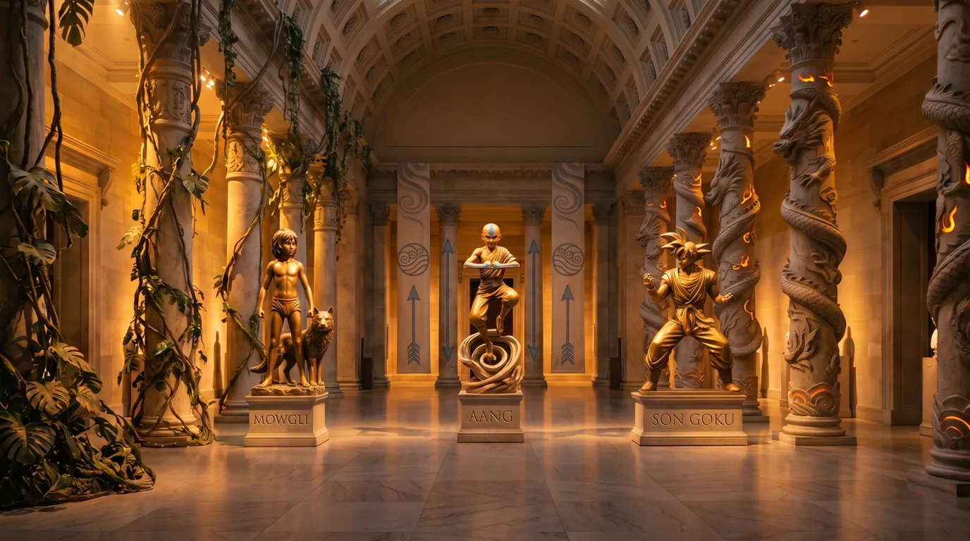 Drei goldene Statuen in einer Halle, die Dschungel, Lufttempel und Drachen-Motive verbindet: Mowgli mit einem Wolf, Aang im Luftbändiger-Sprung, Son Goku in Kampfhaltung.