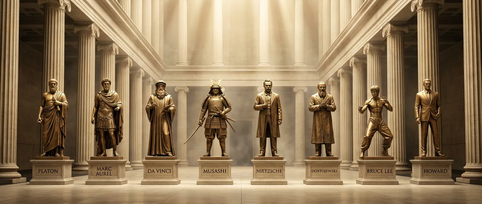 Acht goldene Statuen nebeneinander in einer Museumshalle mit lesbaren Namensschildern: Platon, Marc Aurel, Da Vinci, Musashi, Nietzsche, Dostojewski, Bruce Lee, Howard.