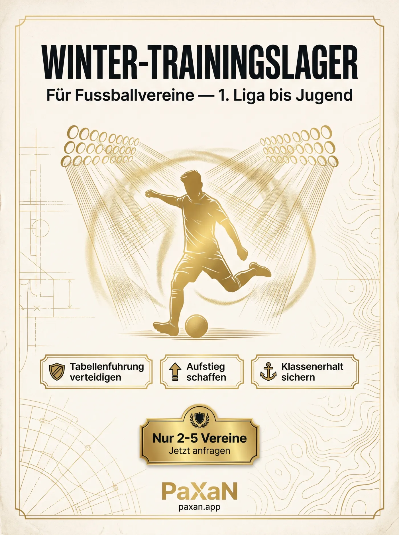 Flyer: Winter-Trainingslager für Fußballvereine — 1. Liga bis Jugend, nur 2–5 Vereine, jetzt anfragen